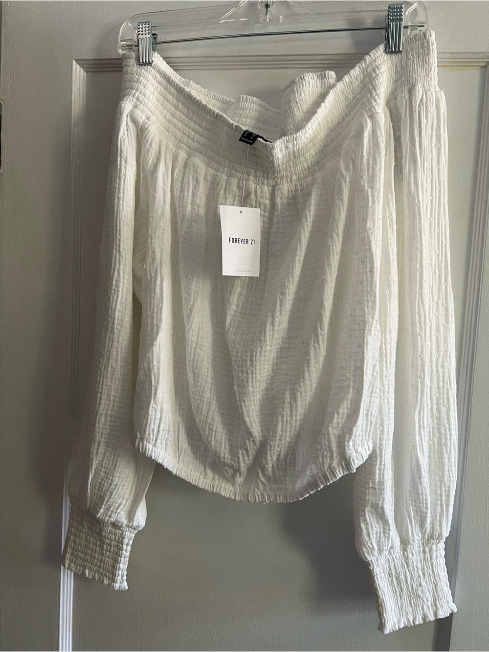 NWT Forever 21+ White Off Shoulder Smocked Cotton Peasant Blouse 1X Boho